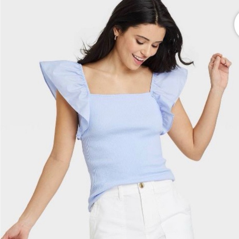A New Day Sky Blue Flutter Sleeve Blouse